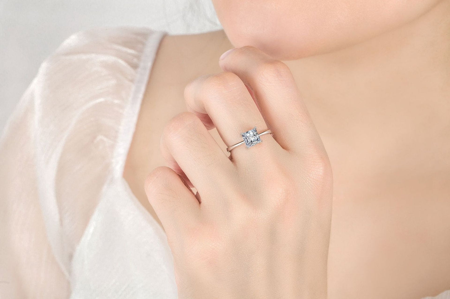 Crystal Zircon Simple Square Four Prong Adjustable Ring (Artificial Silver Plated)