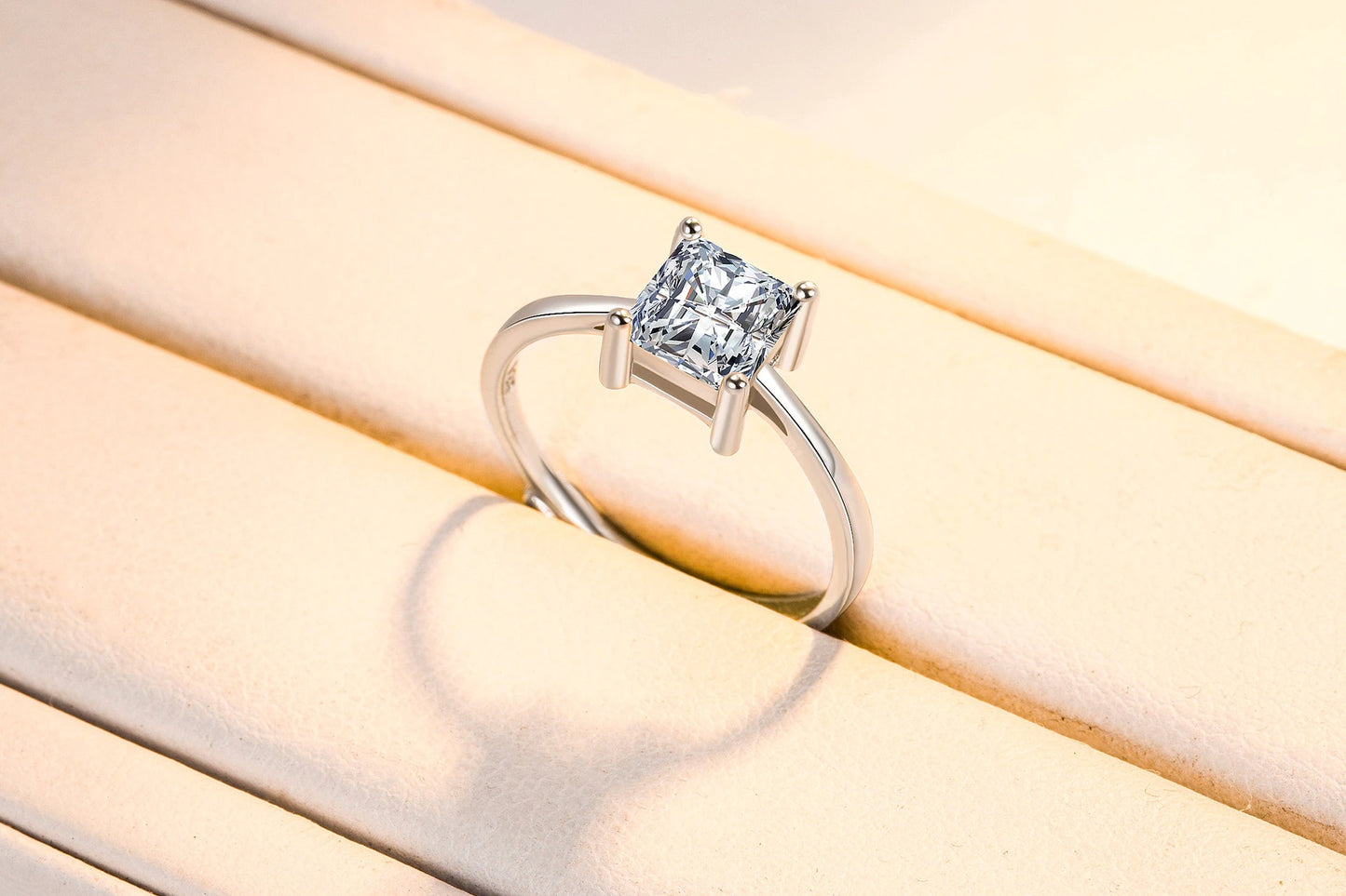 Crystal Zircon Simple Square Four Prong Adjustable Ring (Artificial Silver Plated)