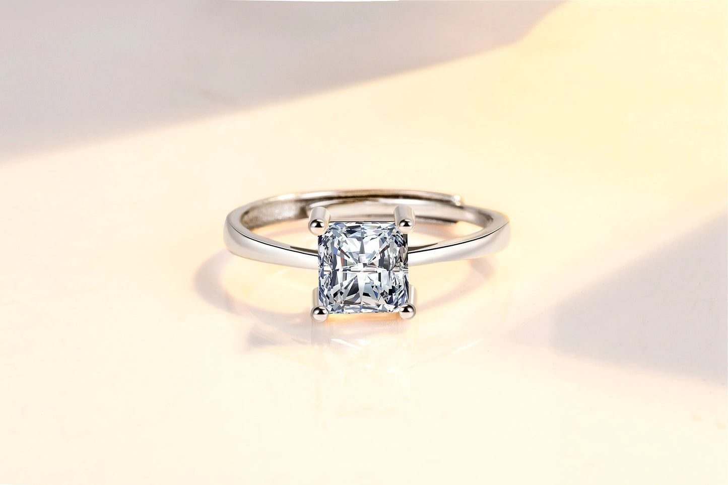 Crystal Zircon Simple Square Four Prong Adjustable Ring (Artificial Silver Plated)