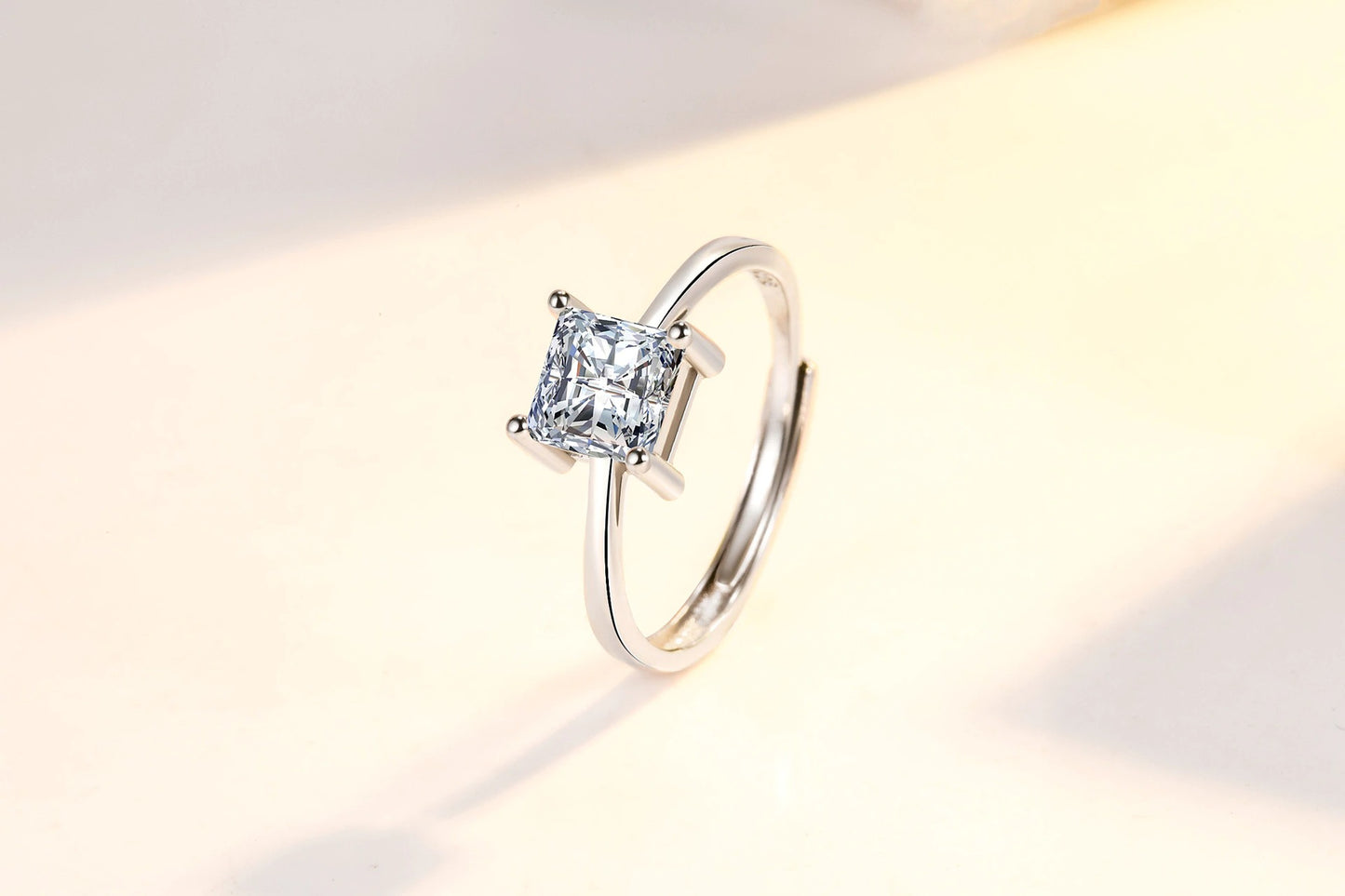 Crystal Zircon Simple Square Four Prong Adjustable Ring (Artificial Silver Plated)