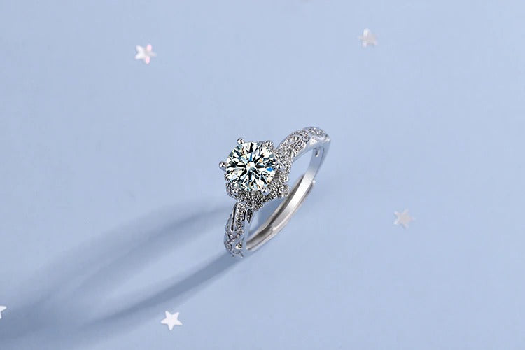 Crystal Zircon Hexagonal Flower Ring (Artificial Silver Plated))