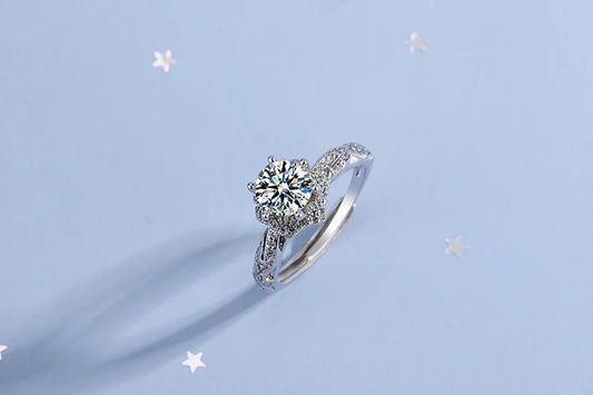 Crystal Zircon Hexagonal Flower Ring (Artificial Silver Plated))