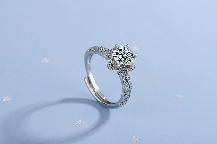 Crystal Zircon Hexagonal Flower Ring (Artificial Silver Plated))