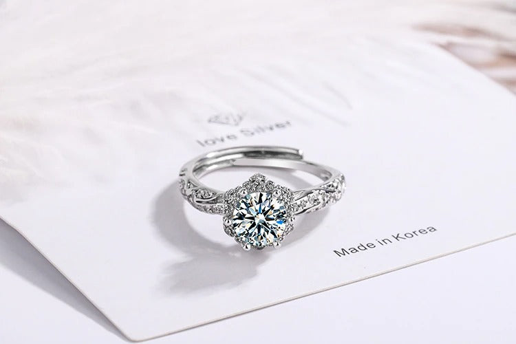 Crystal Zircon Hexagonal Flower Ring (Artificial Silver Plated))