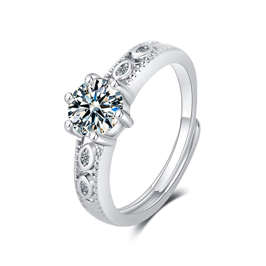 Crystal Zircon Simple Six-prong Adjustable Ring (Artificial Silver Plated)