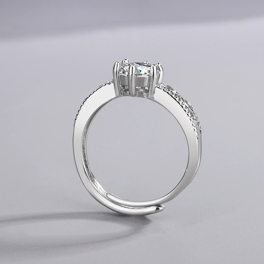 Crystal Zircon Simple Six-prong Adjustable Ring (Artificial Silver Plated)