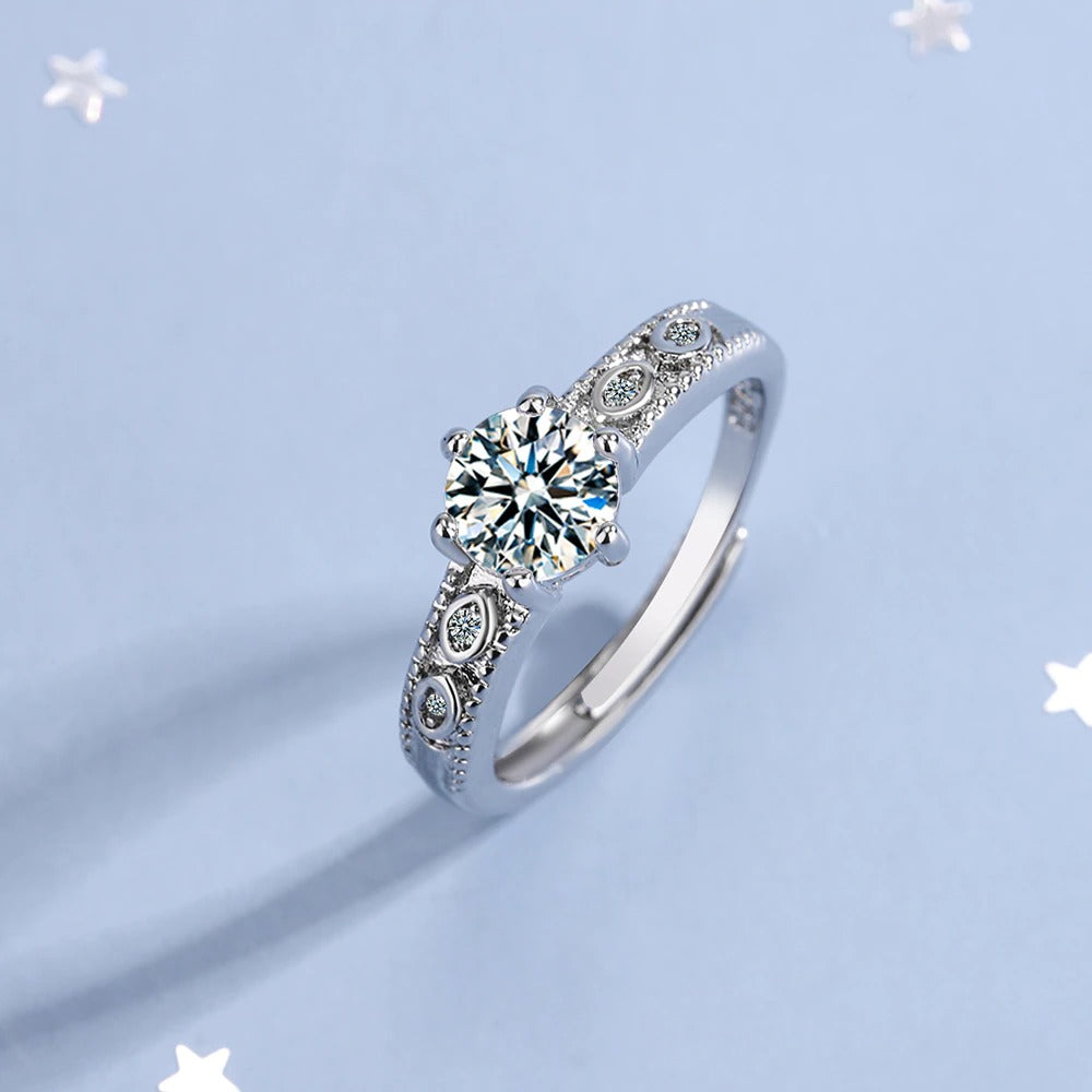 Crystal Zircon Simple Six-prong Adjustable Ring (Artificial Silver Plated)