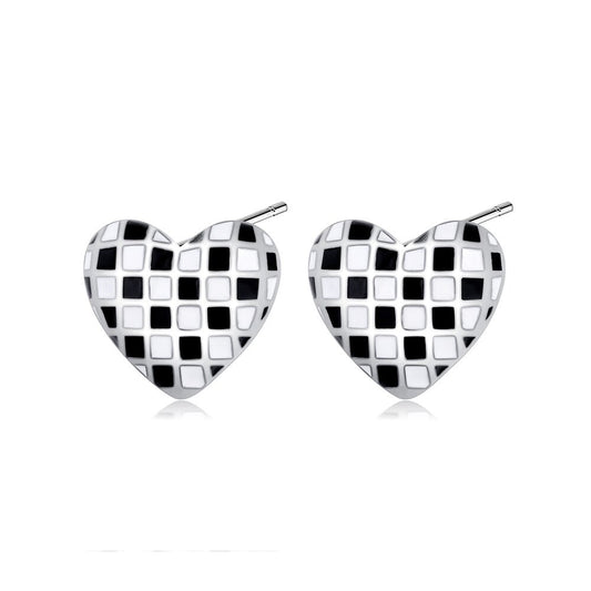 Black and White Plaid Heart Stud Earrings (Artificial Silver Plated)