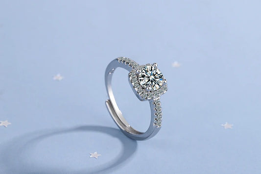 Crystal Zircon Rectangle Four Prong Adjustable Ring (Artificial Silver Plated)