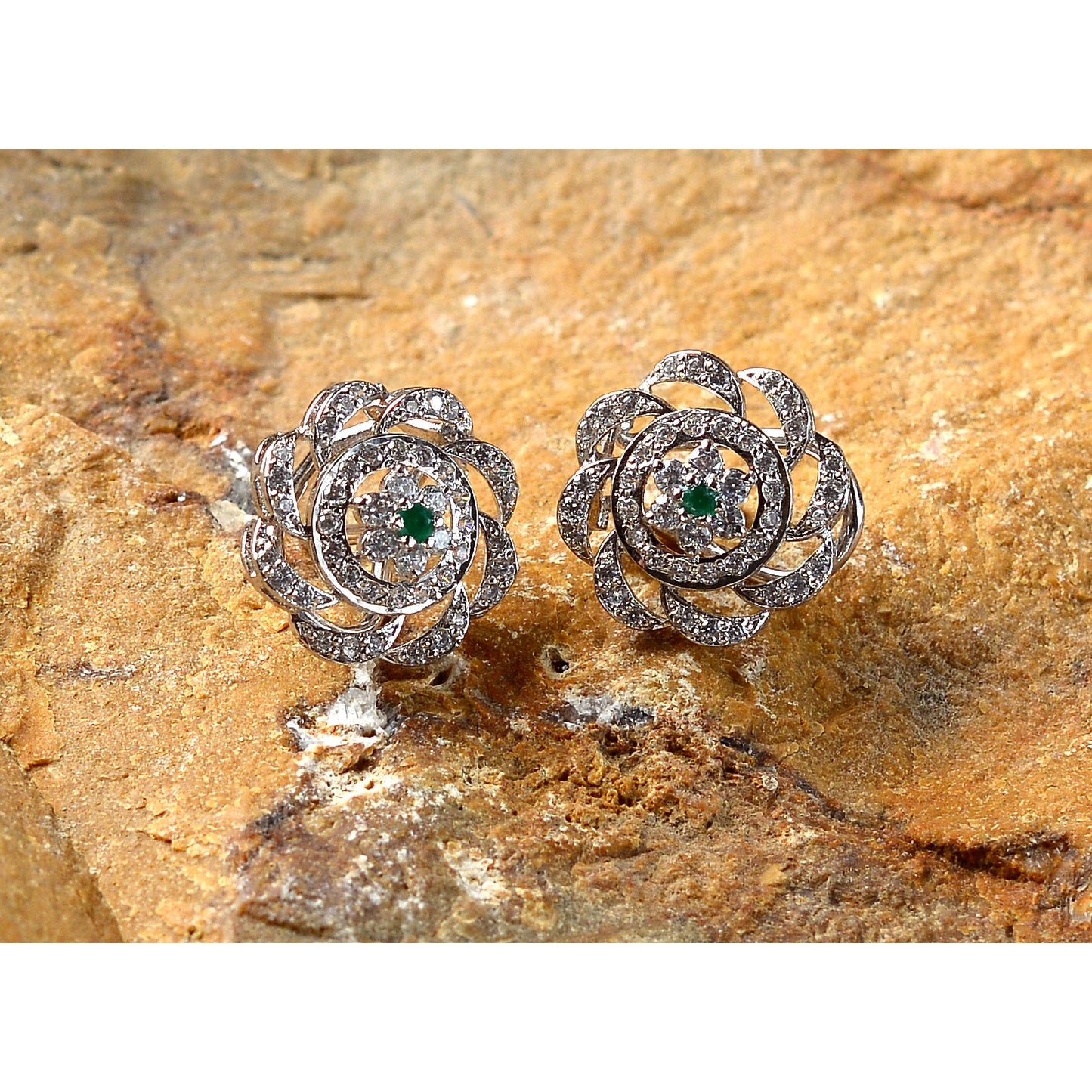 Rosette Earrings design with Green Centred Stone
