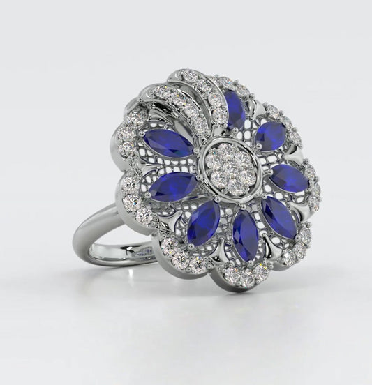 BLOSSOM - The Blue Stones Silver Ring (925 Sterling Silver)