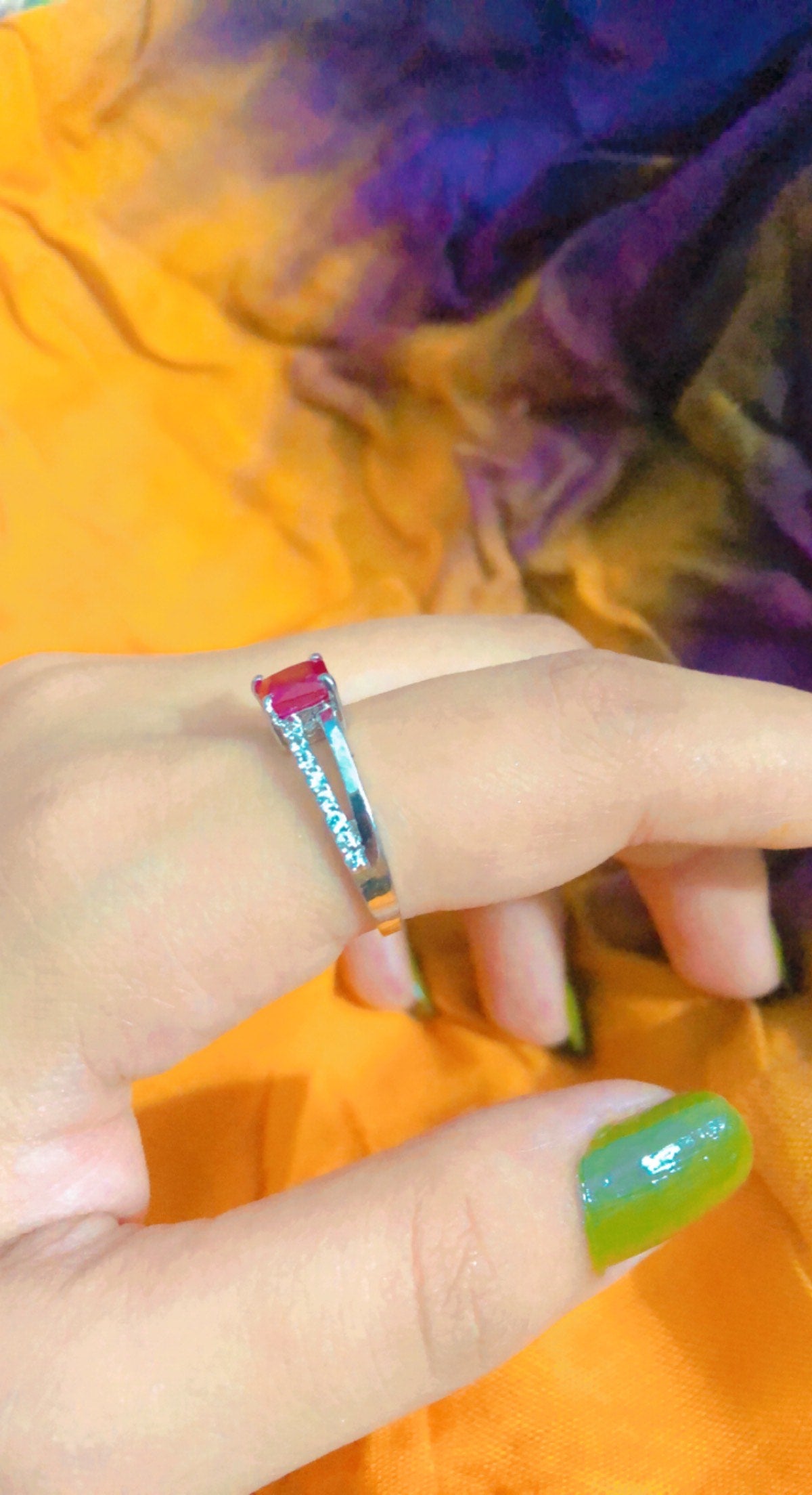 Square Cut Ruby Zircon Half Studded Silver Ring (925 Sterling Silver)