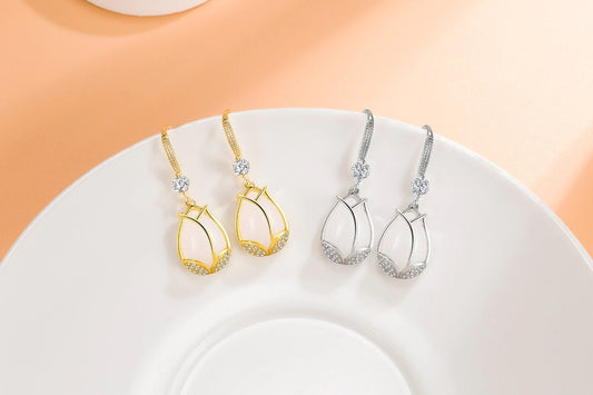 Crystal zircon flower tulip opal long hook earrings (Artificial)