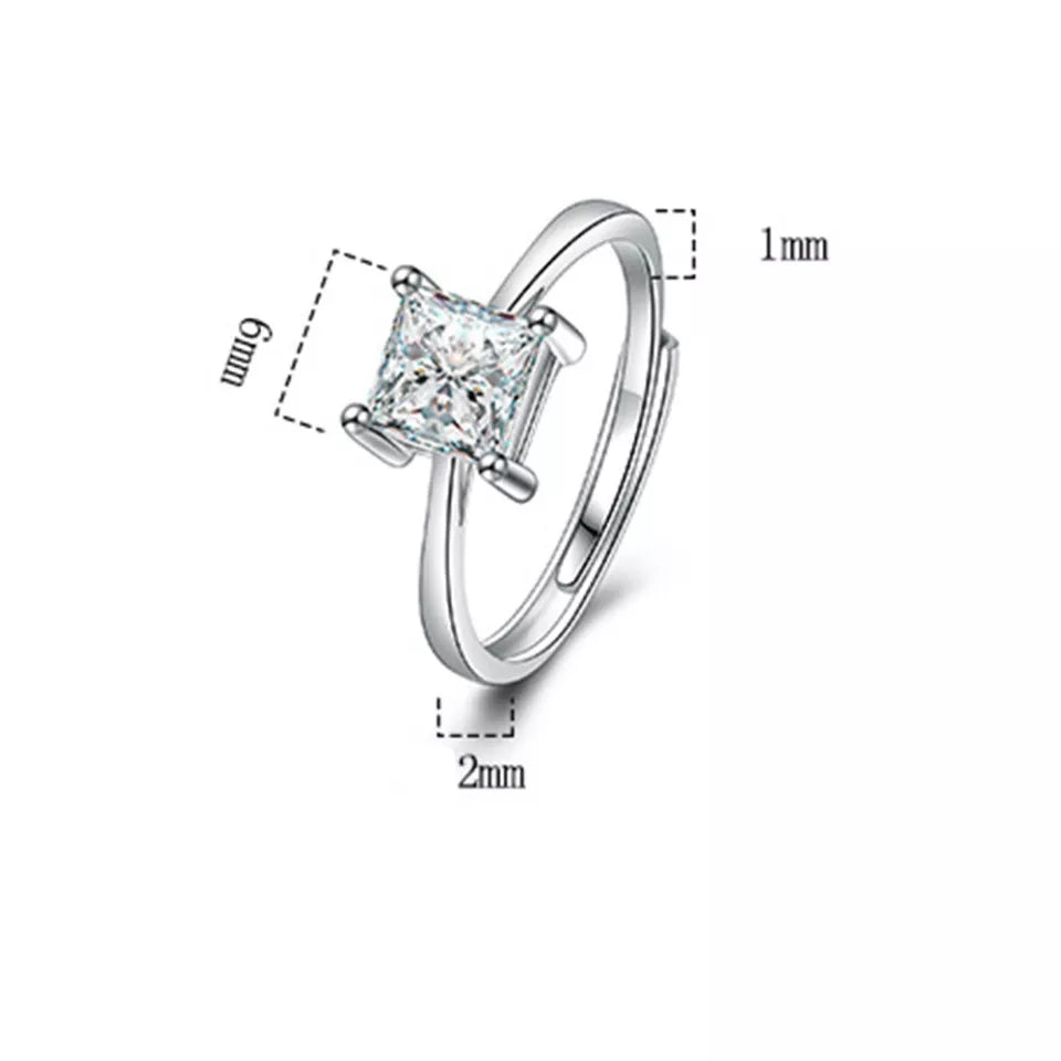 Crystal Zircon Simple Square Four Prong Adjustable Ring (Artificial Silver Plated)