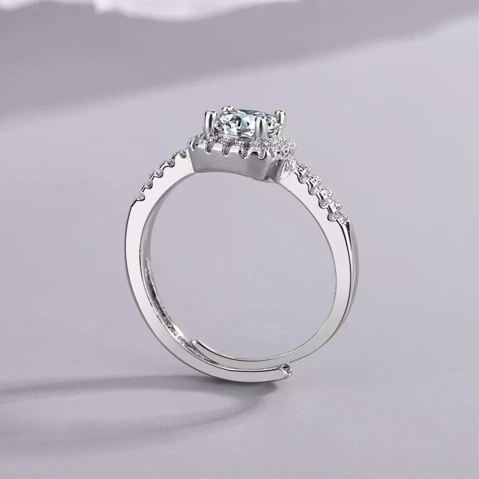 Crystal Zircon Rectangle Four Prong Adjustable Ring (Artificial Silver Plated)