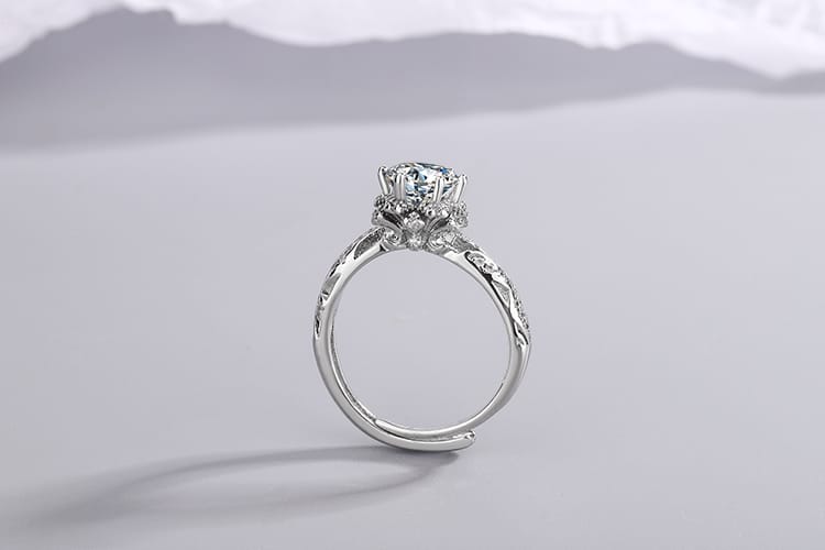 Crystal Zircon Hexagonal Flower Ring (Artificial Silver Plated))