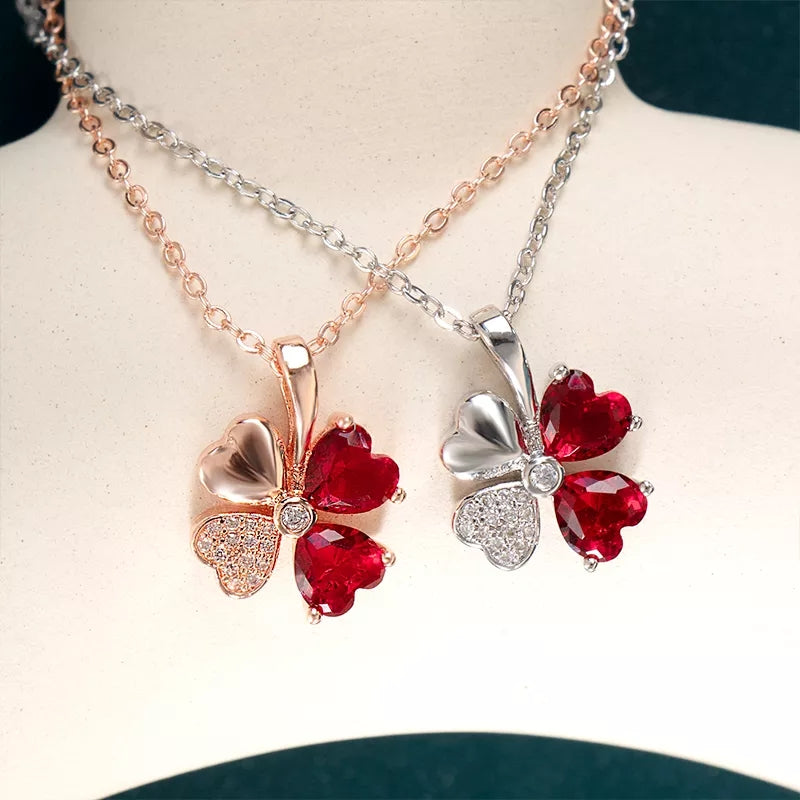 Korean Necklace with Lucky Clover Garnet (Artificial Silver Plated)
