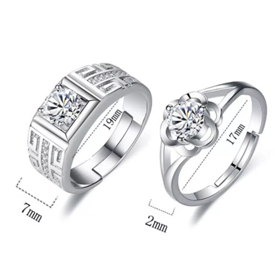 Flower Couple Rings Cubic Zirconia size adjustable (Artificial Silver Plated)