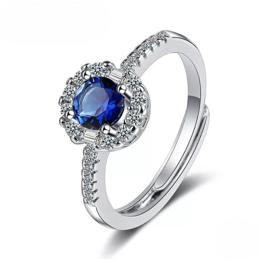 Silver Sapphire Adjustable Ring (Artificial Silver Plated)