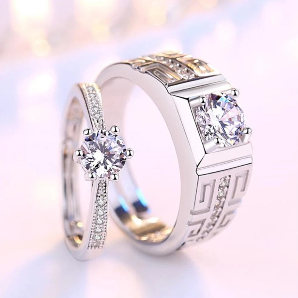 Wedding engagement couple cubic zirconia adjustable rings (Artificial Silver Plated)