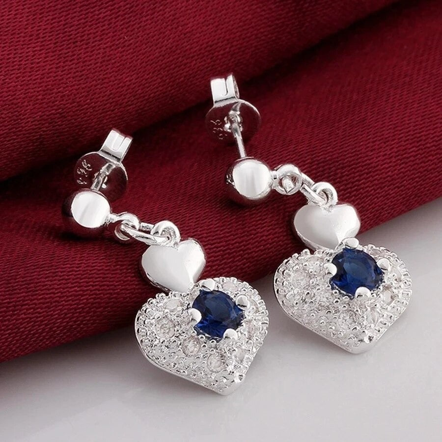 Wedding jewelry romantic blue zircon crystal heart set (Artificial Silver Plated)