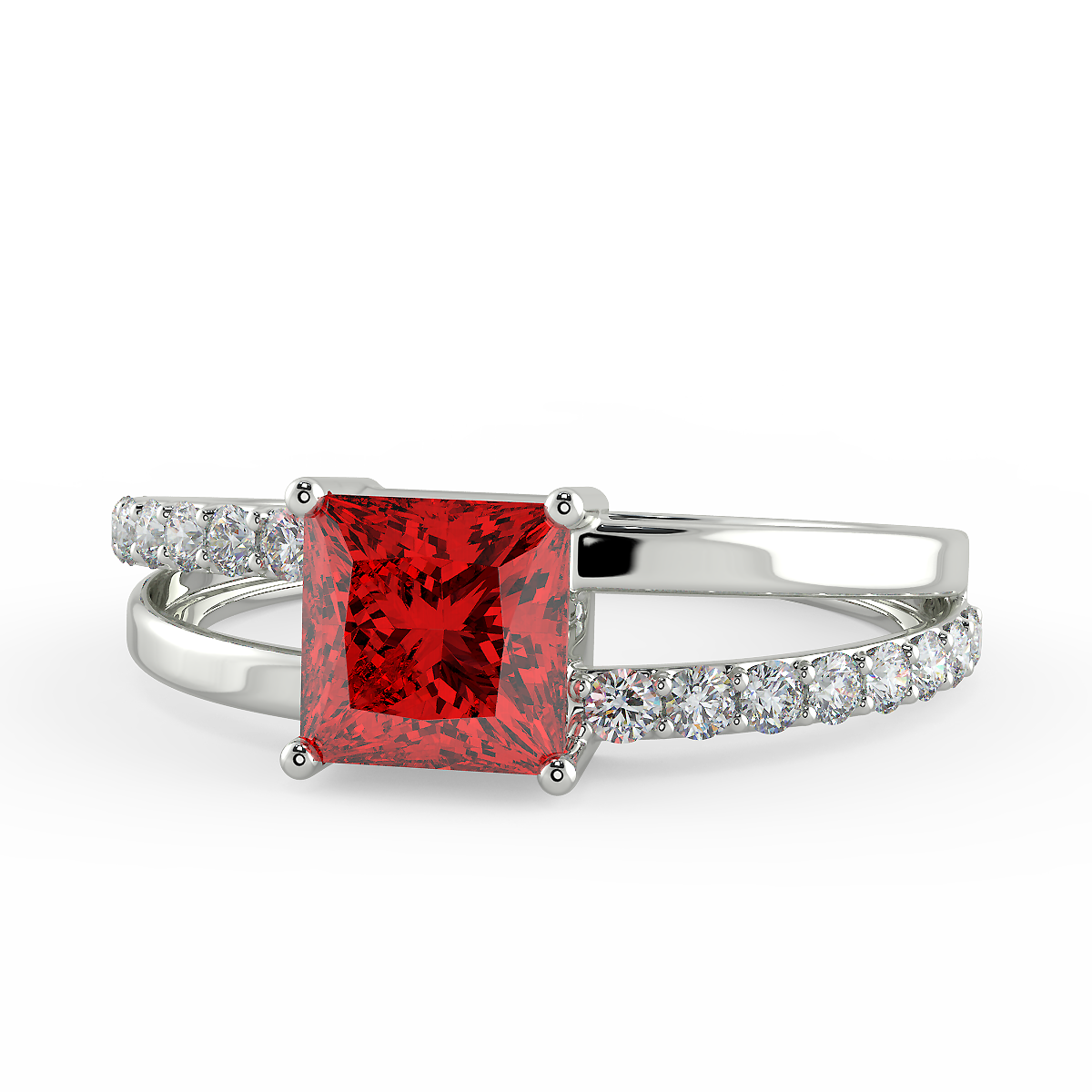 Square Cut Ruby Zircon Half Studded Silver Ring (925 Sterling Silver)
