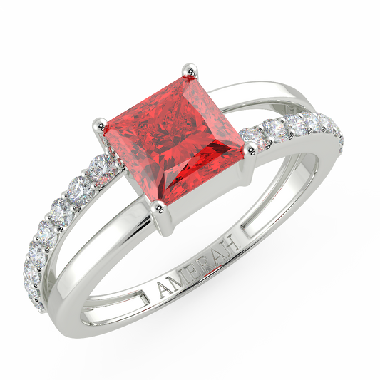 Square Cut Ruby Zircon Half Studded Silver Ring (925 Sterling Silver)