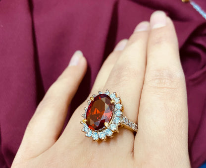 Oval Ruby Zircon Studded Gold Ring (925 Sterling Silver)