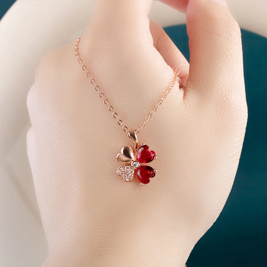 Korean Necklace with Lucky Clover Garnet (Artificial Silver Plated)