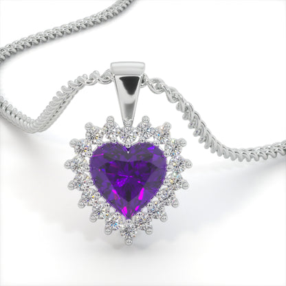 Purple Classic Zircon Heart Shaped Studded Necklace (925 Sterling Silver)