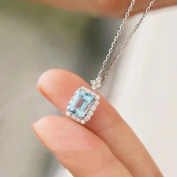 Huitan Square Light Blue Cubic Zirconia Necklace 925 Sterling Silver