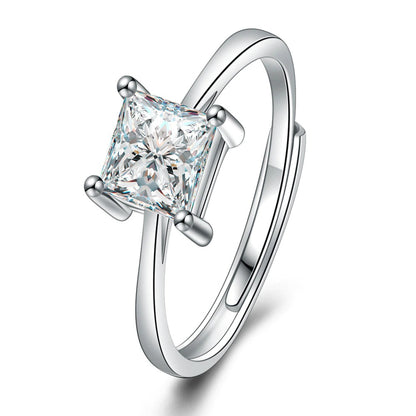 Crystal Zircon Simple Square Four Prong Adjustable Ring (Artificial Silver Plated)
