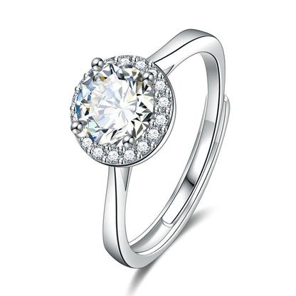Crystal Zircon Simple Round Adjustable Ring (Artificial Silver Plated)