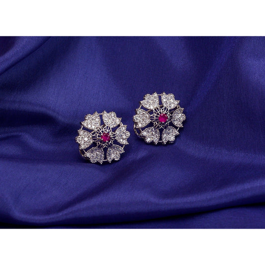 pure silver pink stone flower earrings design