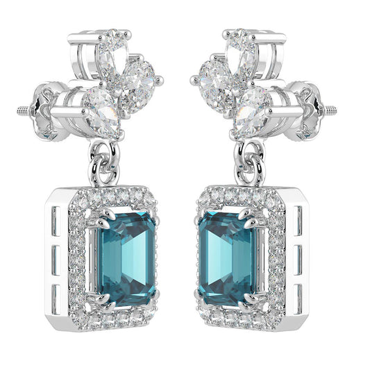 Pure Silver Earrings with Blue Zircon Diamond (925 Sterling Silver)