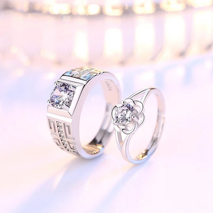 Flower Couple Rings Cubic Zirconia size adjustable (Artificial Silver Plated)