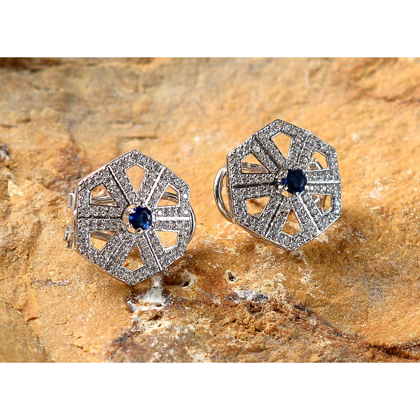 Earrings | Blue Centered Stone Hexagon Design