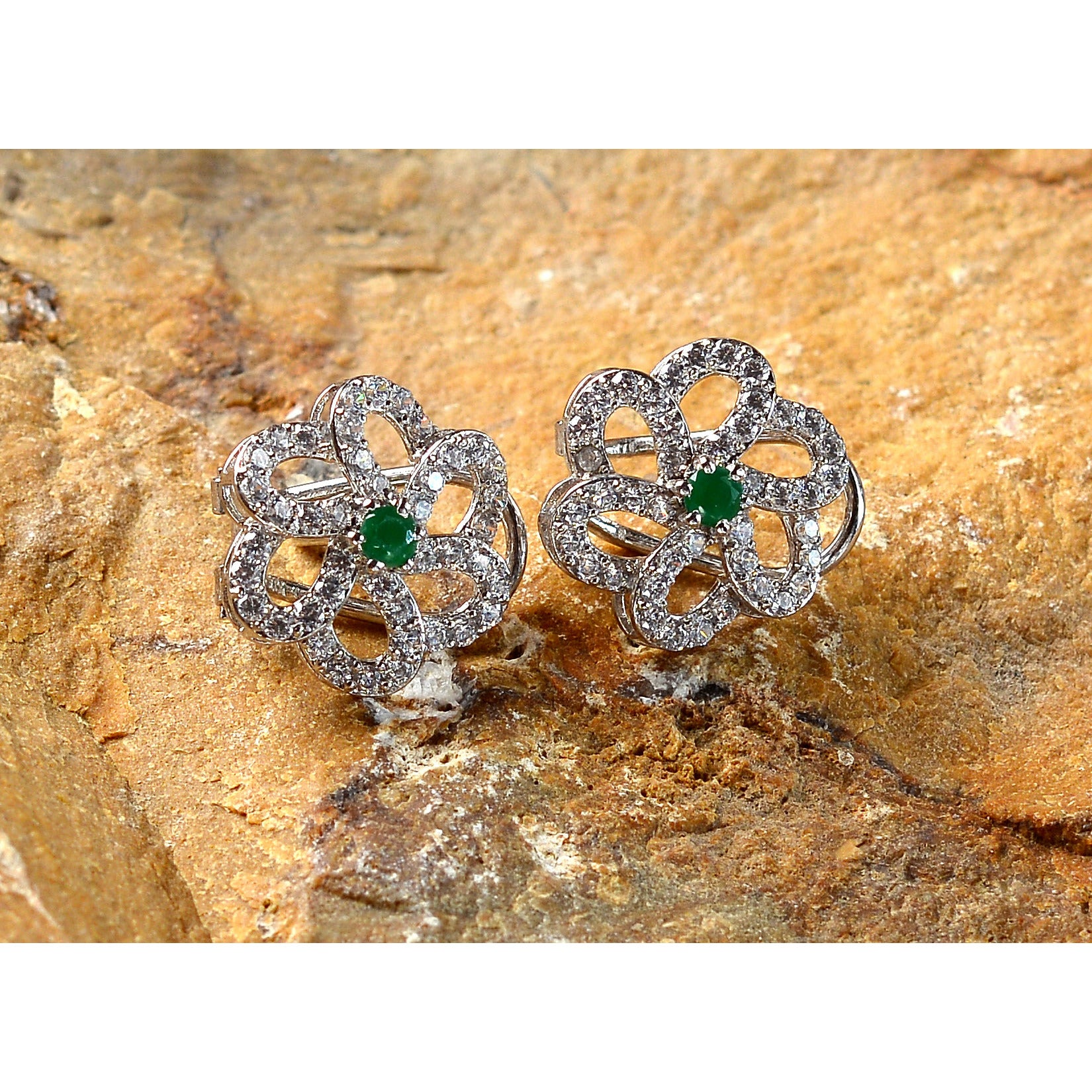 Saqafat Floral Earrings with Green Stone