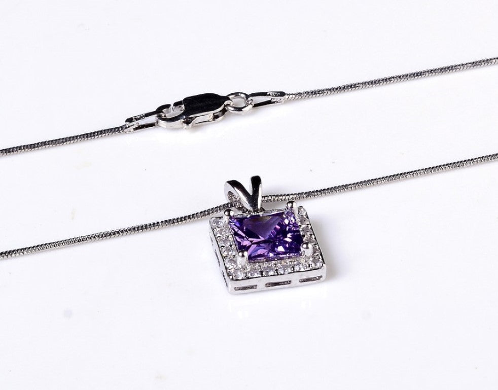 Square Cut Amethyst Zircon Studded Necklace (925 Sterling Silver)