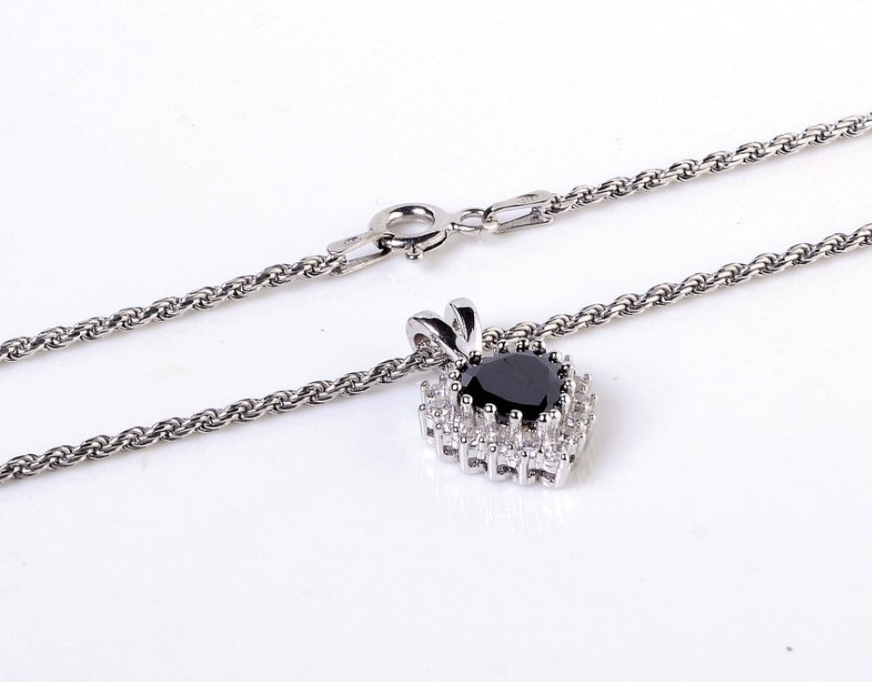Black Zircon Heart Shaped Studded Necklace (925 Sterling Silver)
