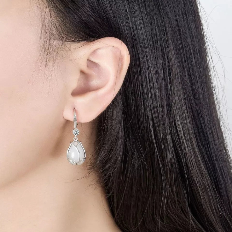 Crystal zircon flower tulip opal long hook earrings (Artificial)