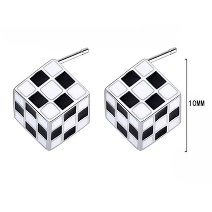 Epoxy Black and White Plaid Square Stud Earrings (Artificial Silver Plated