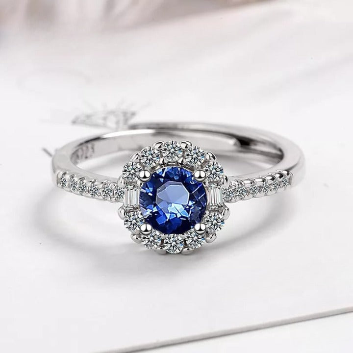 Silver Sapphire Adjustable Ring (Artificial Silver Plated)