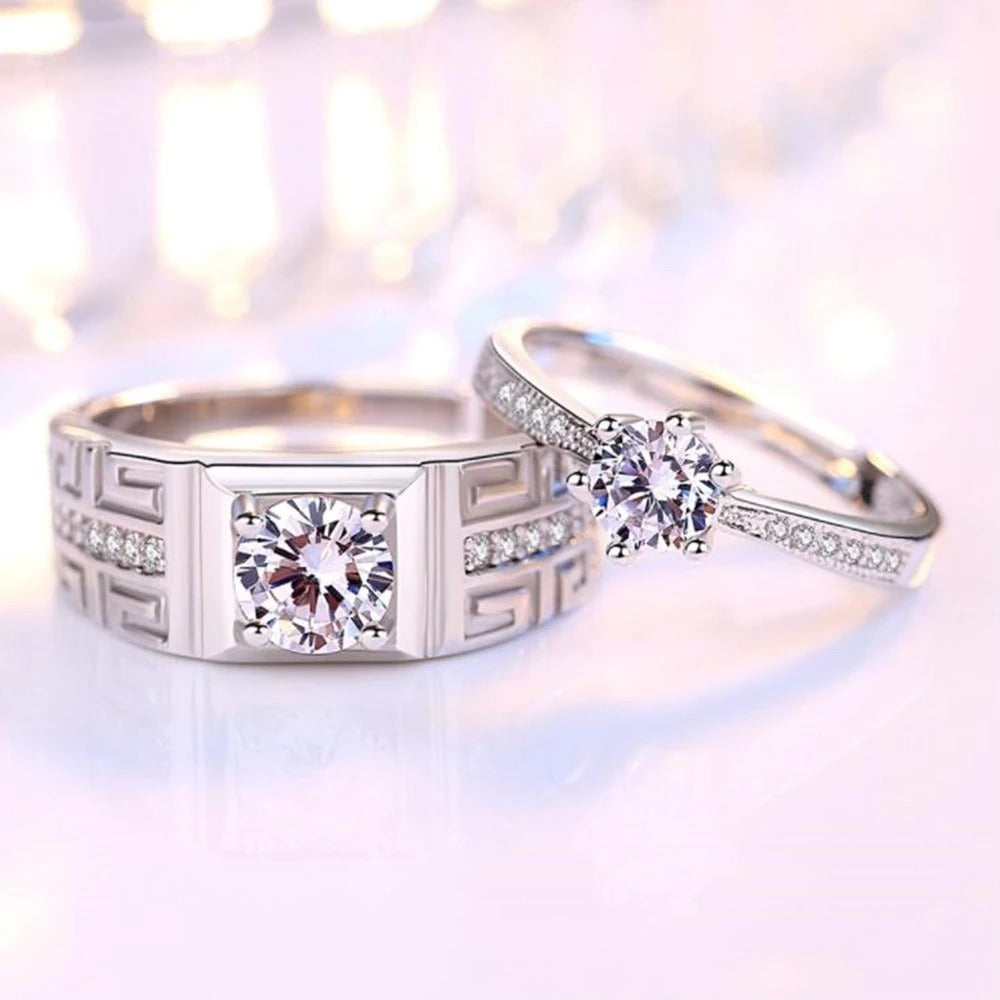 Wedding engagement couple cubic zirconia adjustable rings (Artificial Silver Plated)