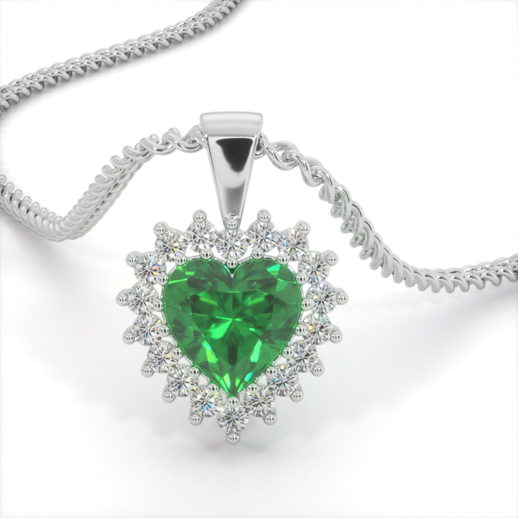 Emerald Green Zircon Heart Shaped Studded Necklace (925 Sterling Silver)