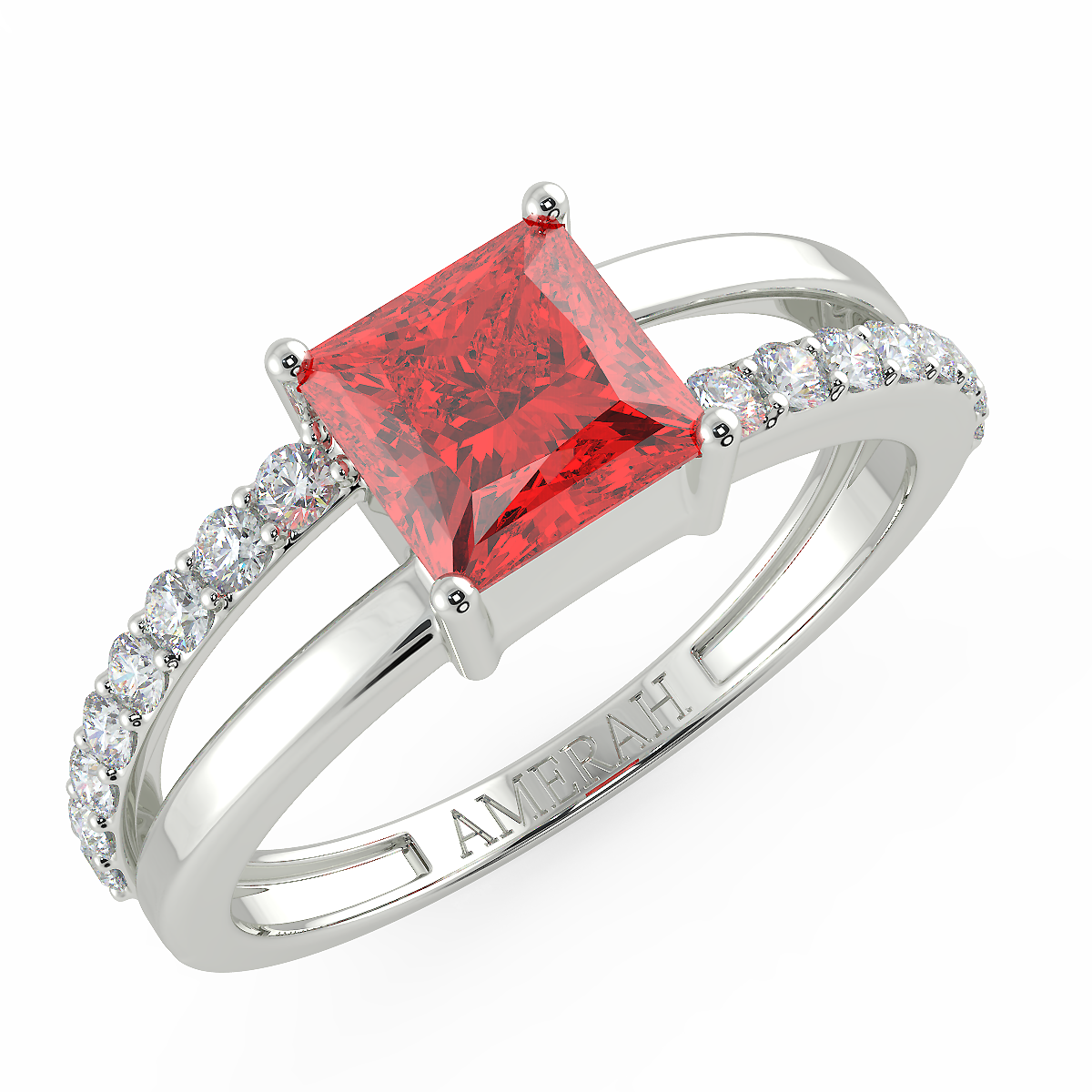 Square Cut Ruby Zircon Half Studded Silver Ring (925 Sterling Silver)